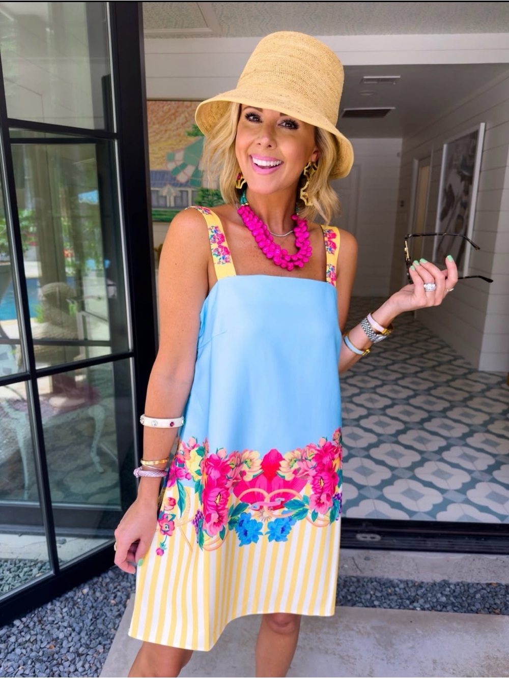 Light Blue Floral-Trim Mini Dress with Yellow Stripe Hen & Straps
